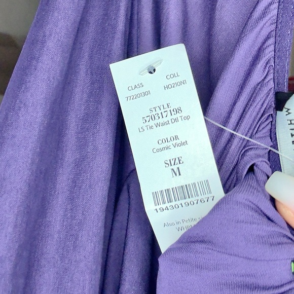 NWT* WHBM Petite Long-Sleeve Fitted Tie Waist Blouse in Cosmic Violet‎ - Picture 11 of 16